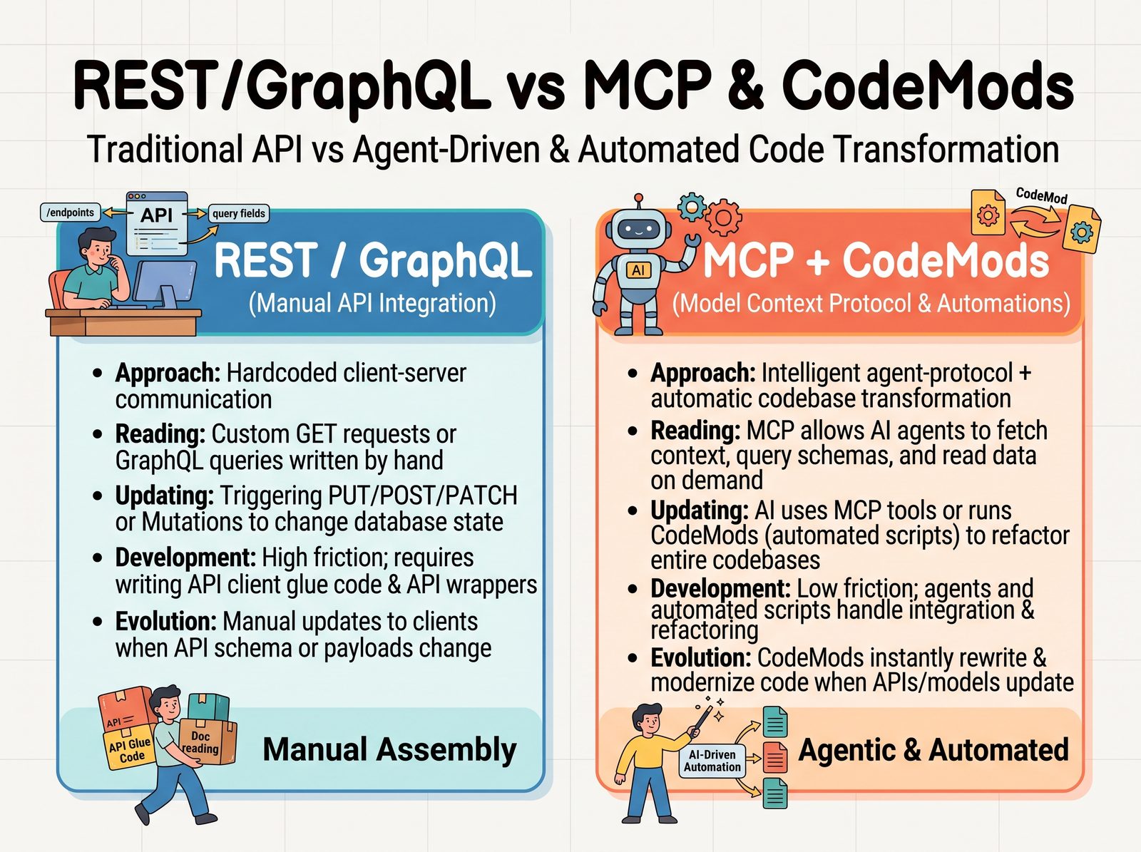 Comparison card of REST and GraphQL versus MCP and CodeMode, manual assembly versus agentic and automated