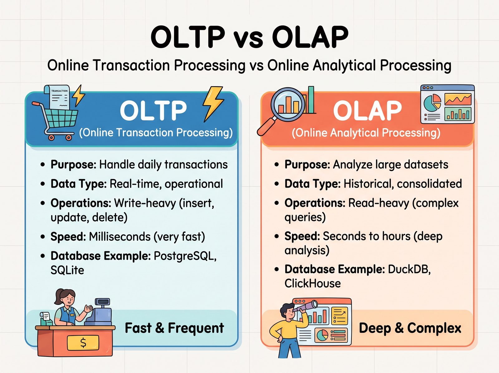 Comparison card of OLTP versus OLAP, fast and frequent versus deep and complex