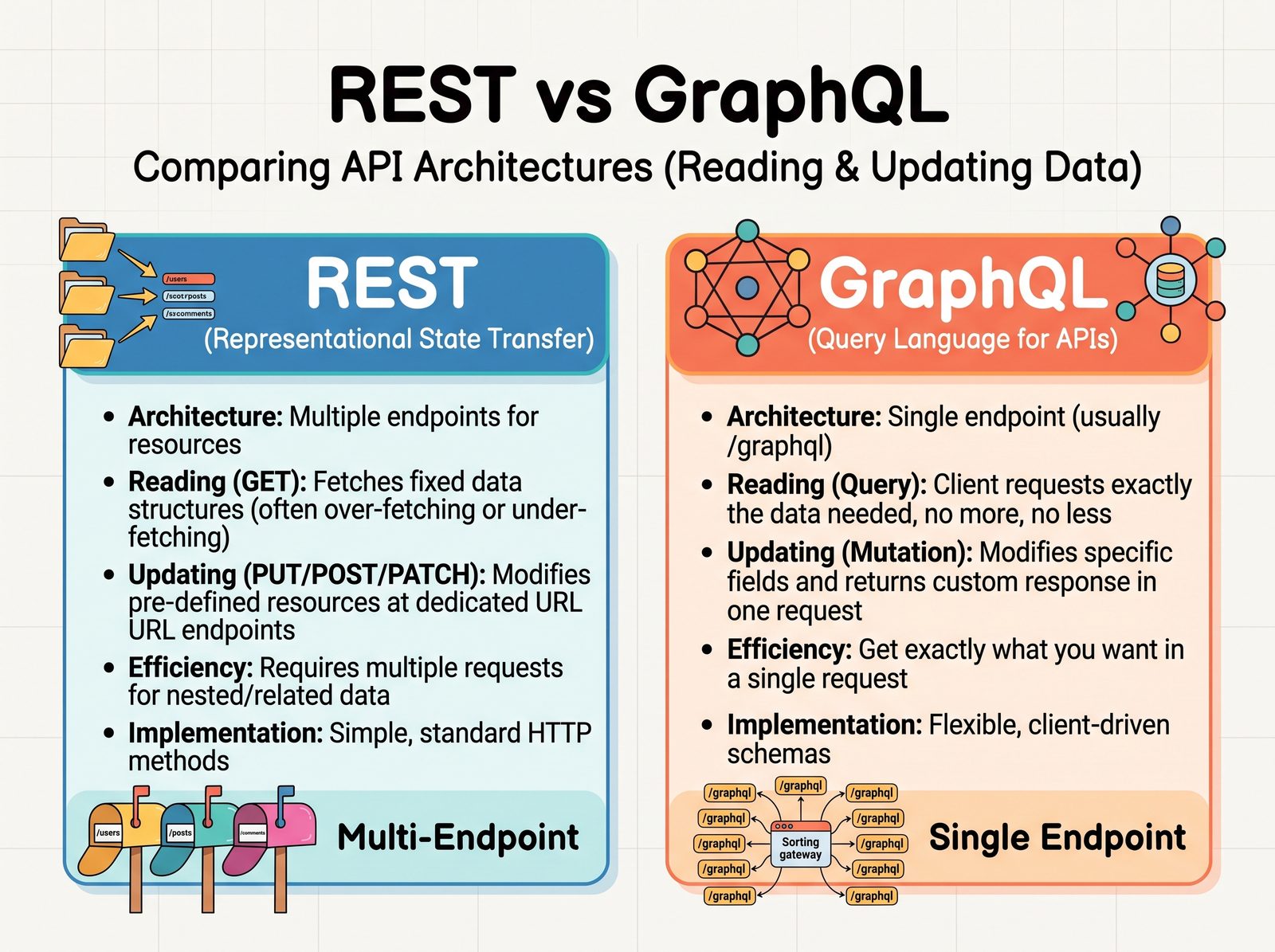 Comparison card of REST versus GraphQL, multi endpoint versus single endpoint